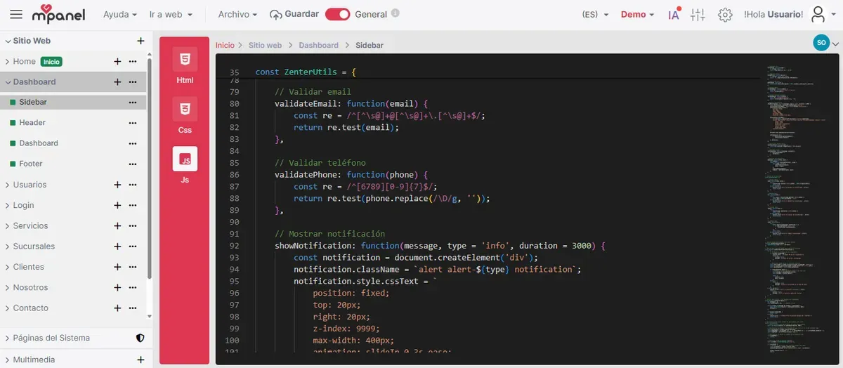 Vista completa del módulo con panel lateral, editor y barra superior