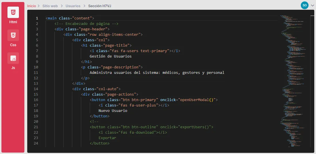Editor de código con pestañas inteligentes