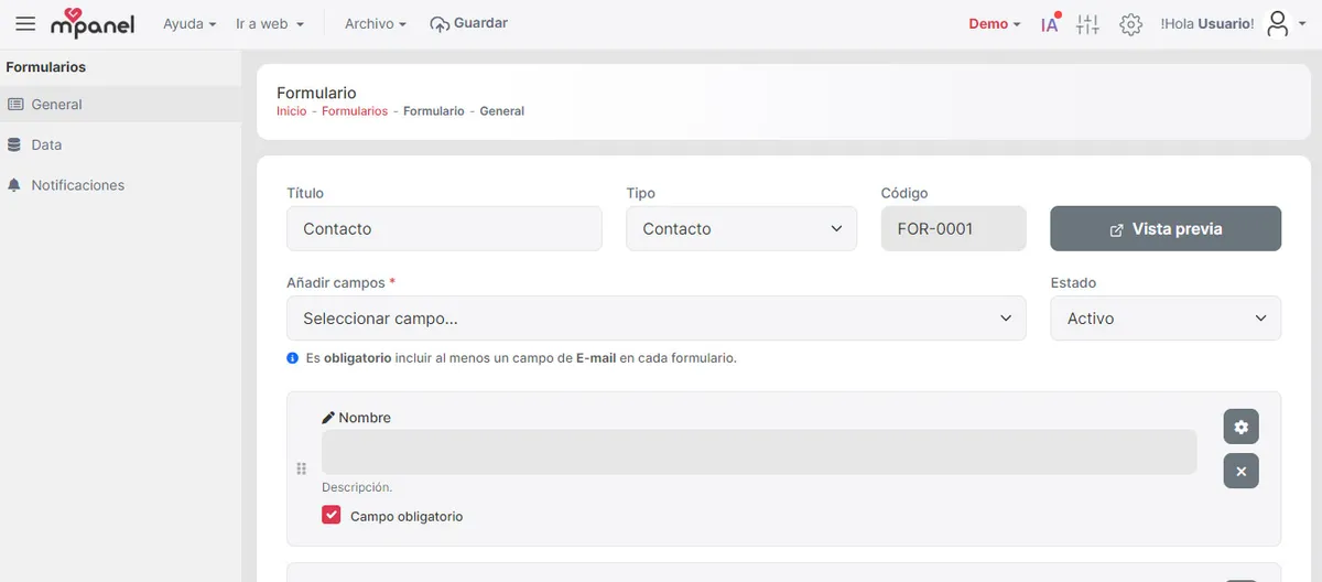 Vista completa del módulo de formularios