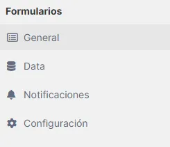 Barra de navegación lateral con pestañas General, Data, Notificaciones y Configuración