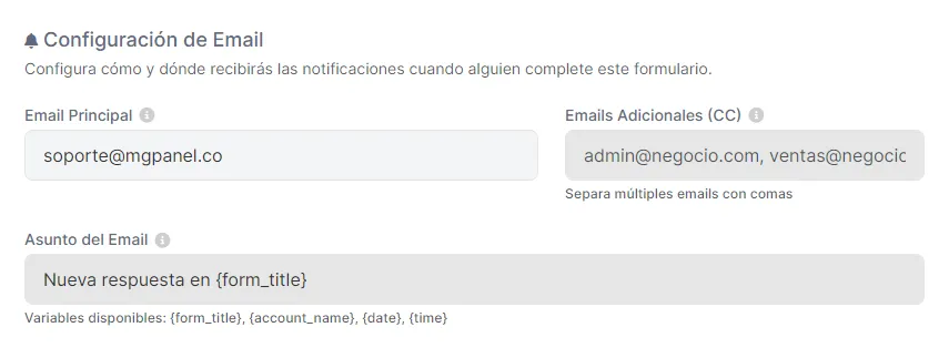 Pestaña de notificaciones con campos de email