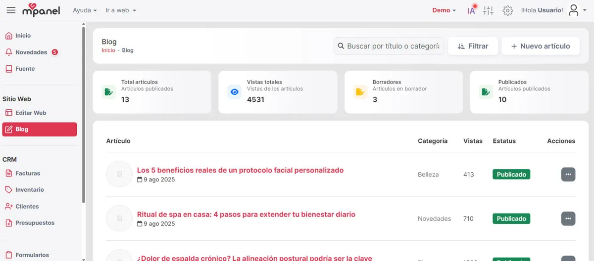 Toolbar con búsqueda, filtros y botón