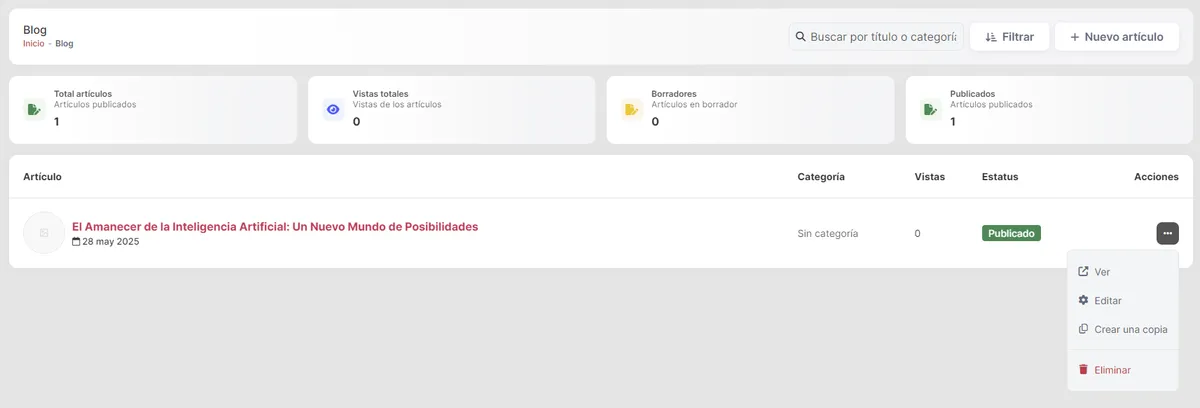 Tabla de artículos con acciones rápidas