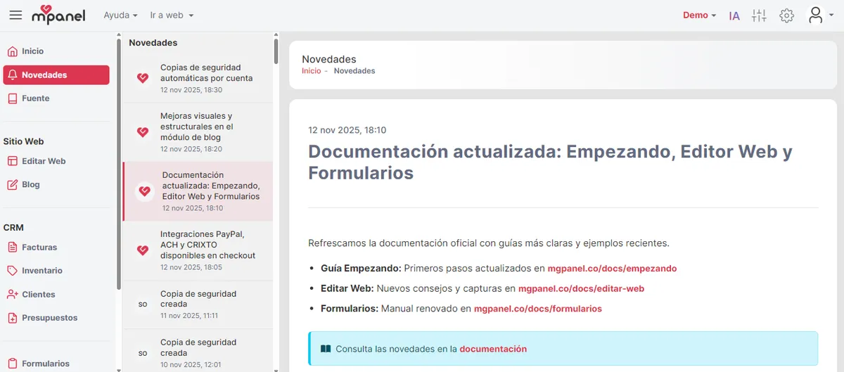 Seleccionando una novedad y leyendo el detalle