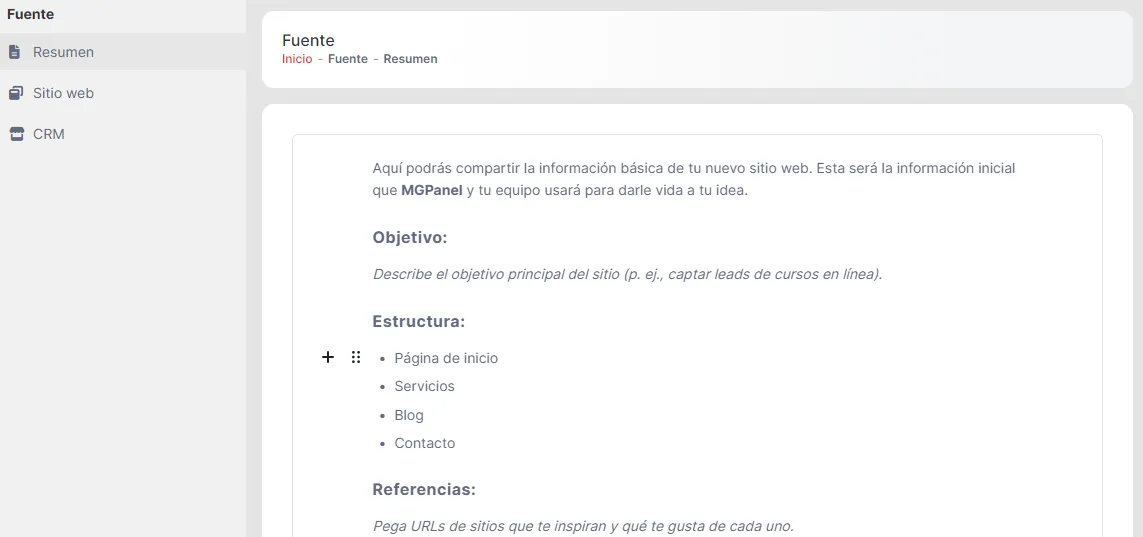 Estructura del módulo Fuente con sus tres secciones principales