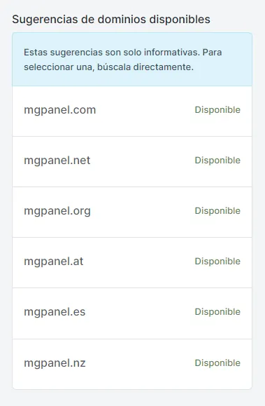 Panel de búsqueda de dominio con sugerencias
