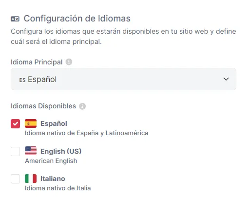 Panel de configuración de idiomas con checkboxes