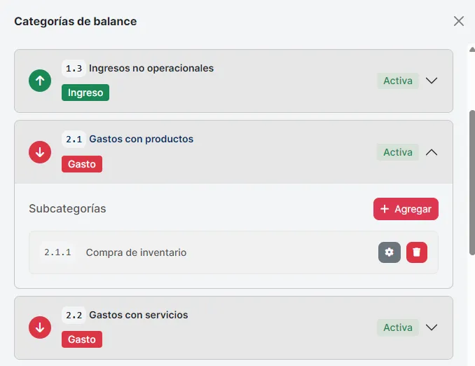Gestionando categorías y subcategorías de balance