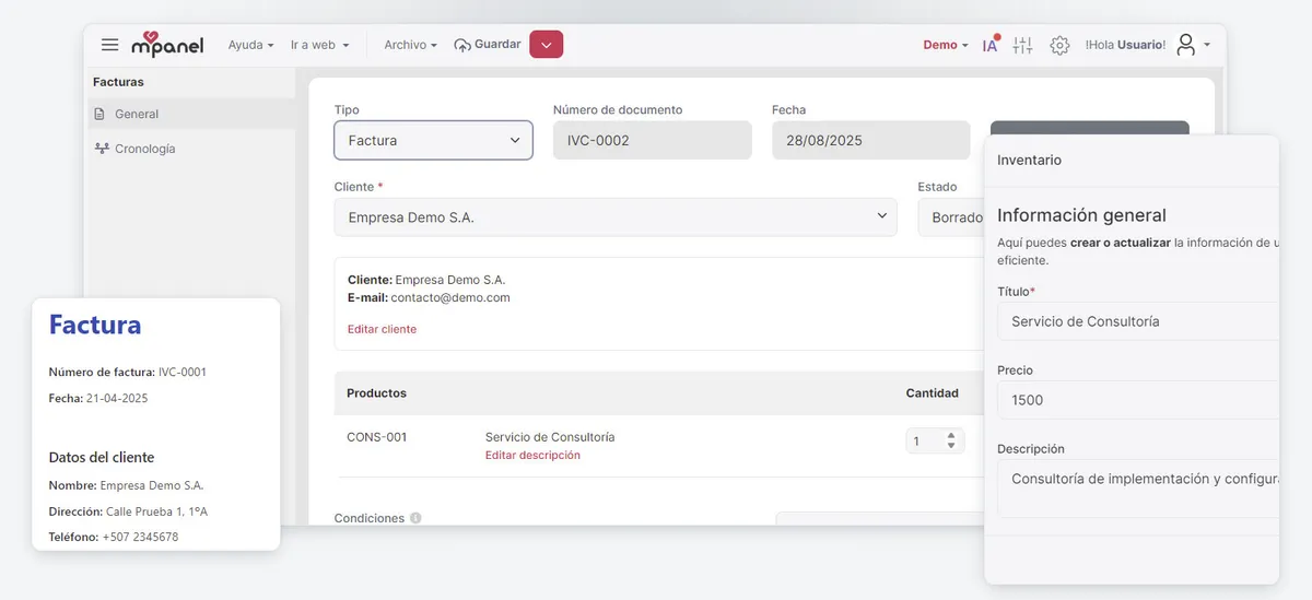 Interfaz de CRM centralizado mostrando datos de cliente y facturación.