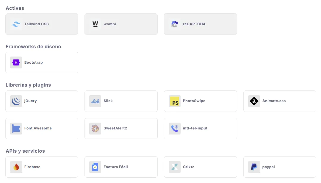 Estructura del módulo Integraciones con sus tres categorías principales