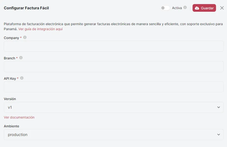 Panel de configuración de una integración