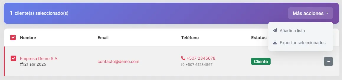 Panel de acciones múltiples