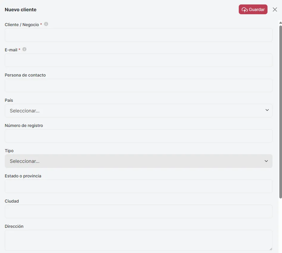 Formulario de creación con todos los campos visibles