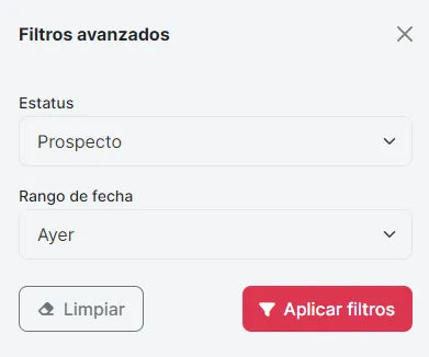 Panel de filtros avanzados abierto