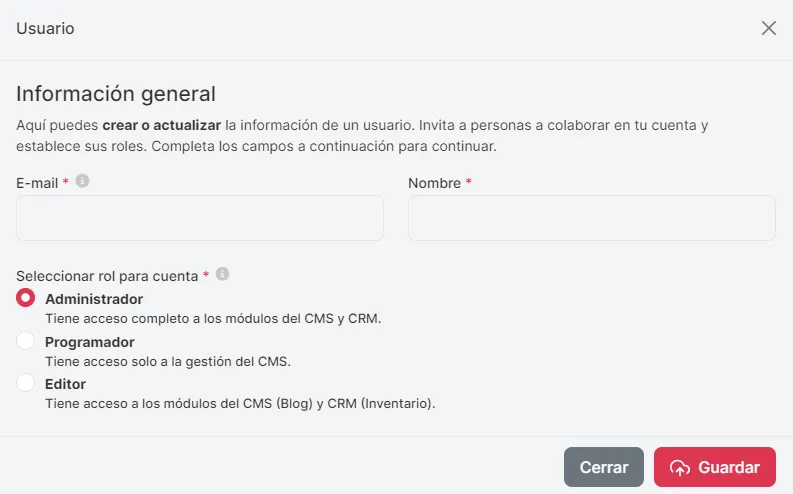 Nuevo usuario
y guardando