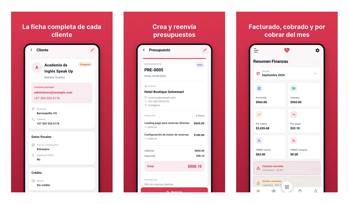 Ficha del cliente, presupuesto y resumen de Finanzas en MGPanel CRM (datos de ejemplo)