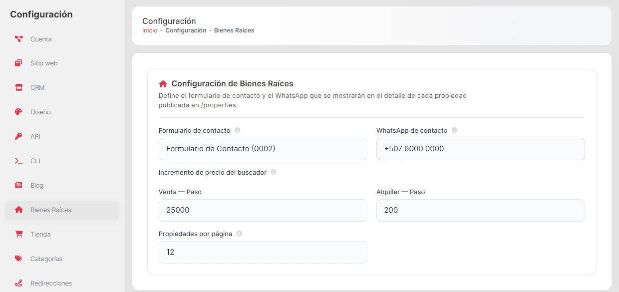 Configuración → Bienes Raíces: formulario de contacto, WhatsApp, incremento de precio del buscador y propiedades por página