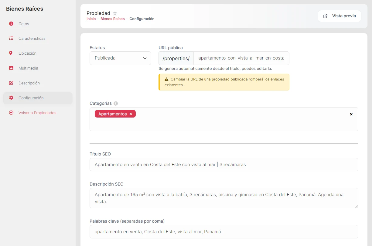 Pestaña Configuración: estatus, URL pública con su advertencia, categorías y campos SEO