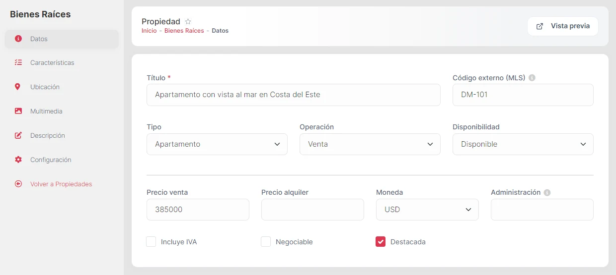 Pestaña Datos: título, código externo, tipo, operación, disponibilidad, precios y la casilla Destacada