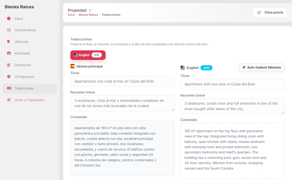 Pestaña Traducciones: texto original a la izquierda y la versión en inglés generada con Auto-traducir faltantes