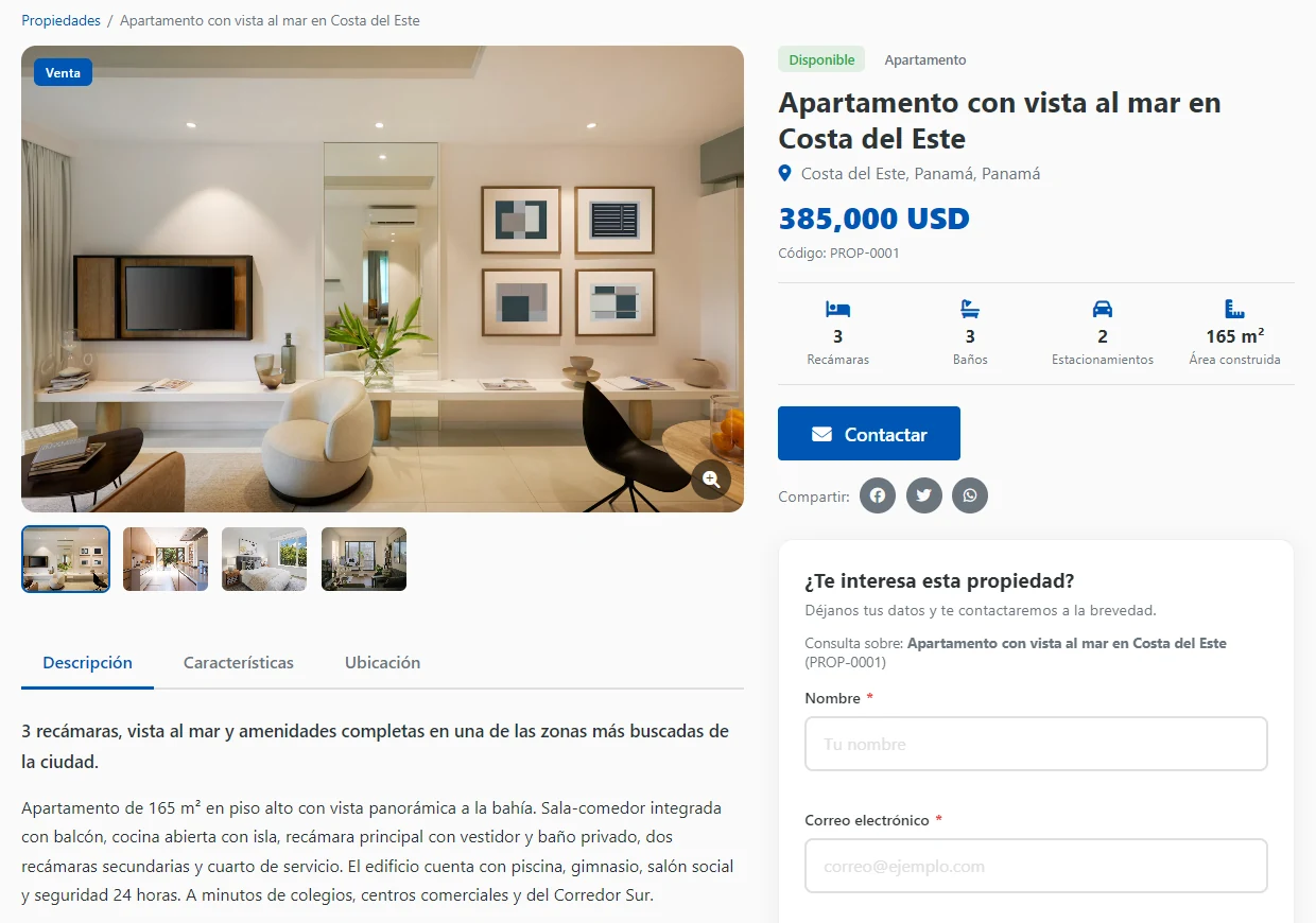 Ficha pública en computadora: galería y pestañas a la izquierda; precio, datos principales, Contactar y el formulario con la propiedad consultada a la derecha