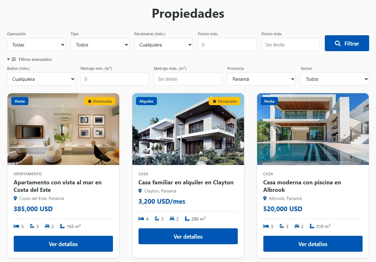 Listado público /properties con los filtros avanzados abiertos: al elegir la provincia, el selector de sector muestra solo los de esa provincia