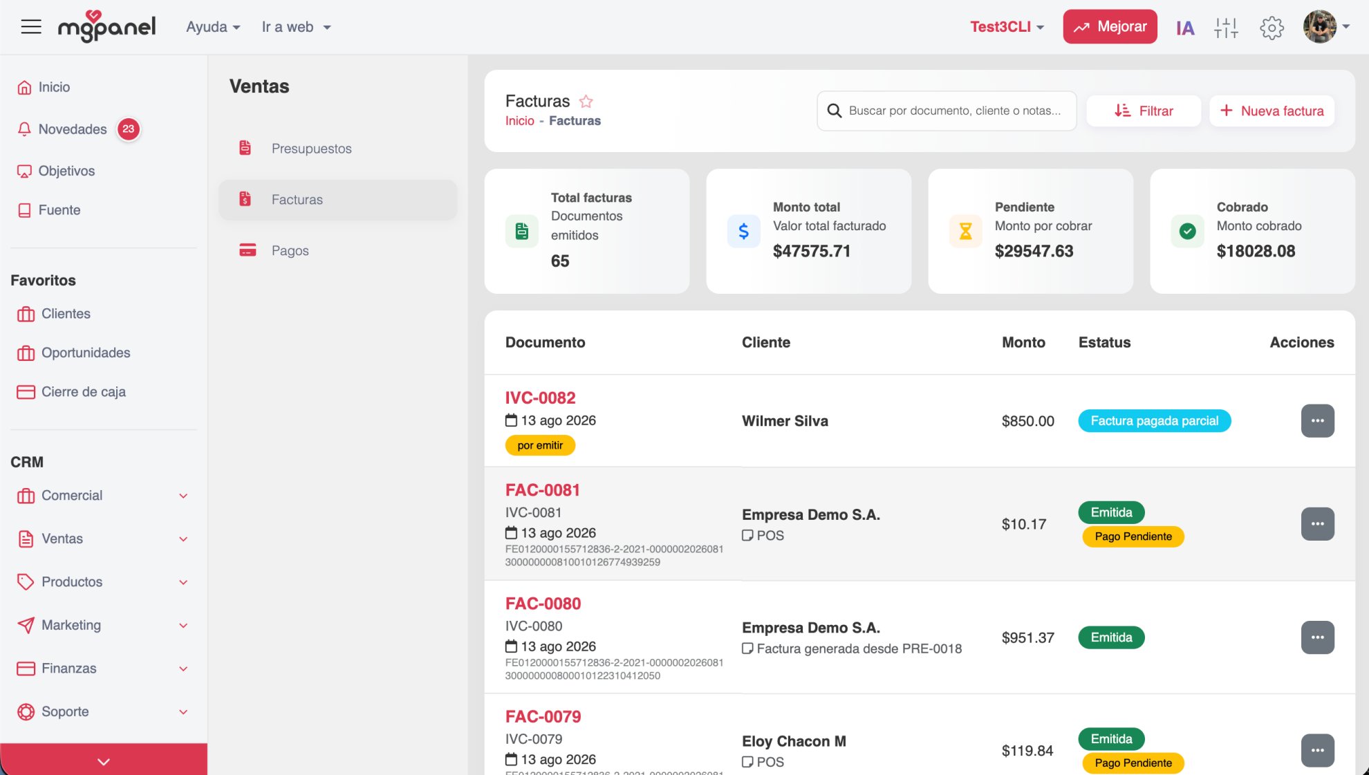 Pantalla de MGPanel: CRM con clientes, ventas y factura fiscal