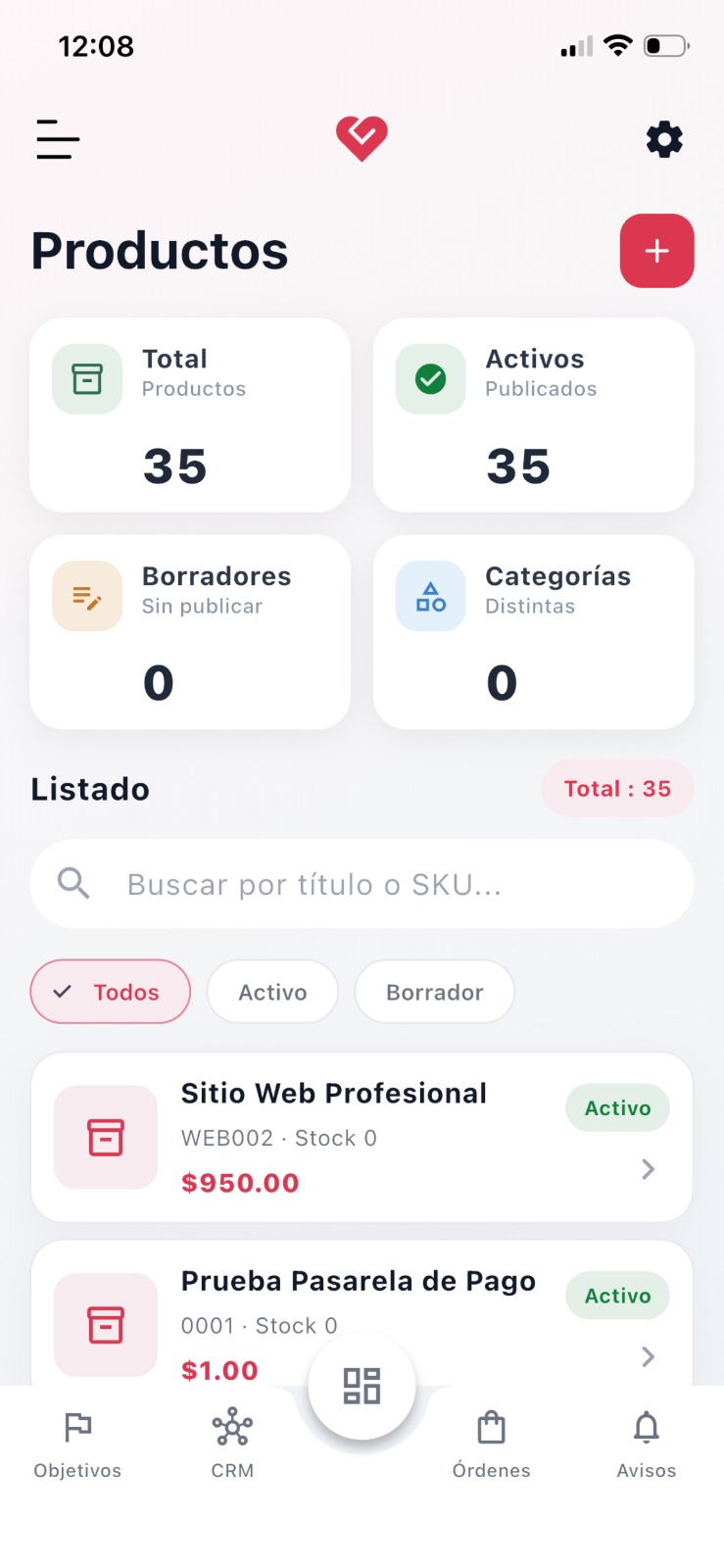 Listado de productos en la app MGPanel CRM con búsqueda por título o SKU