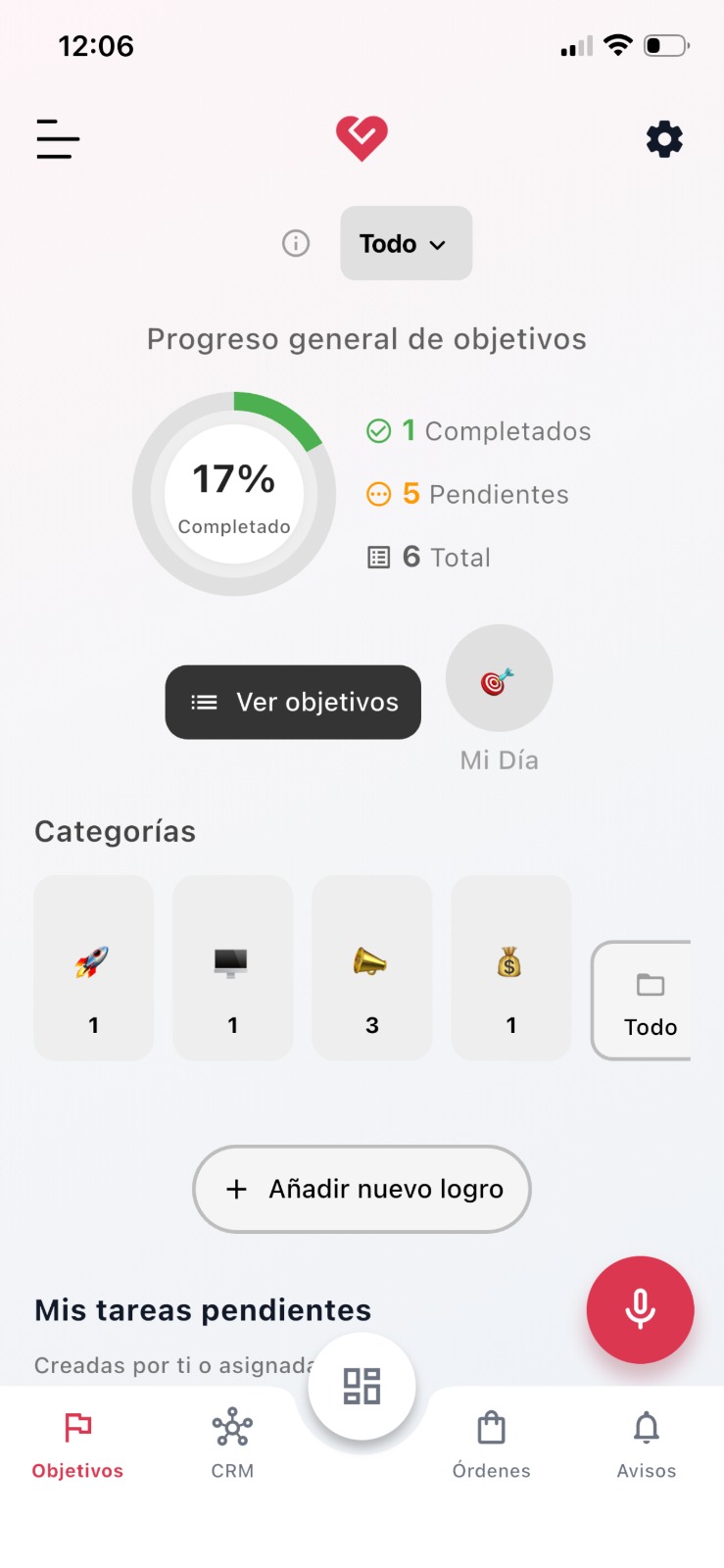 Pantalla de objetivos en la app MGPanel CRM con progreso general y tareas pendientes