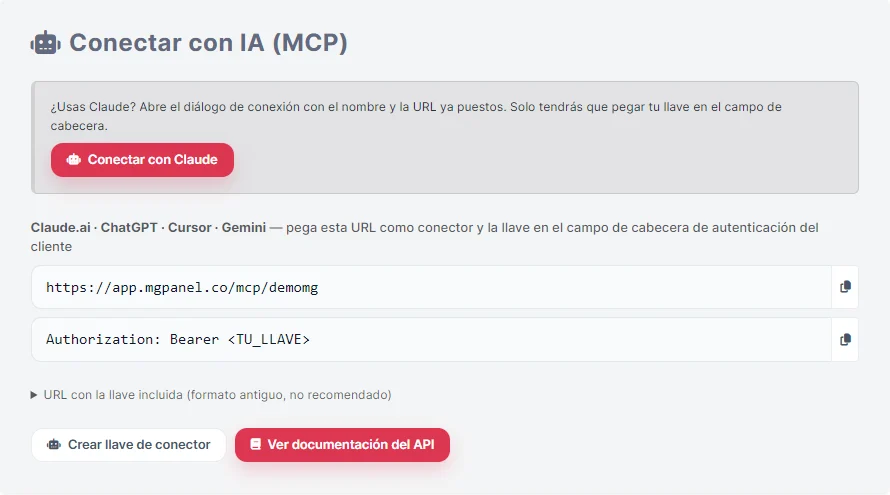 Configuración de MGPanel: conectar con IA por MCP con la URL de la cuenta y la llave de autenticación