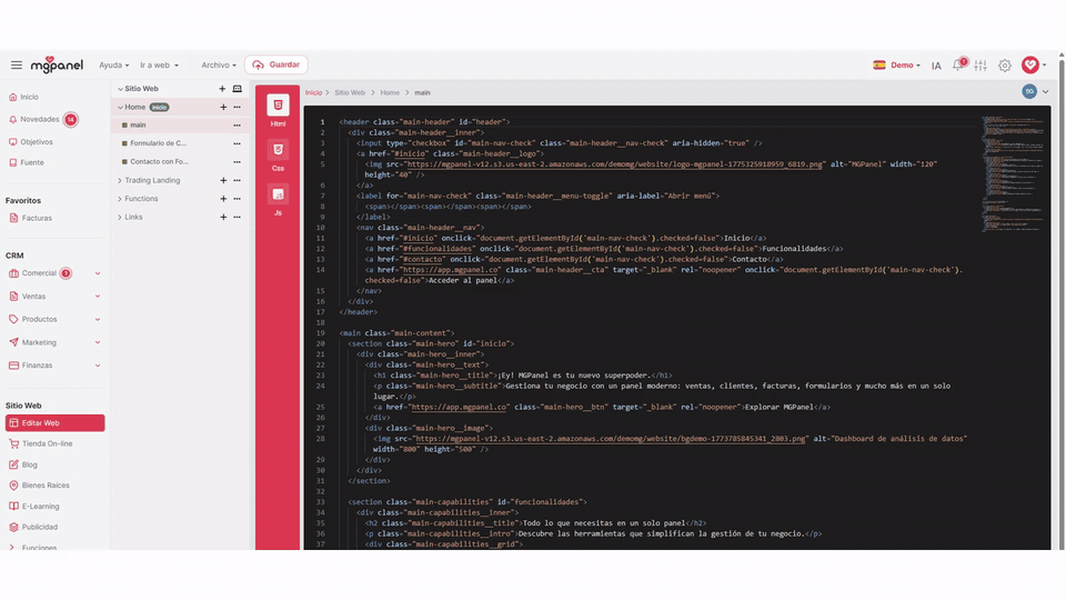 Recorrido por MGPanel: editor web, pipeline de ventas, clientes y conexión con IA por MCP
