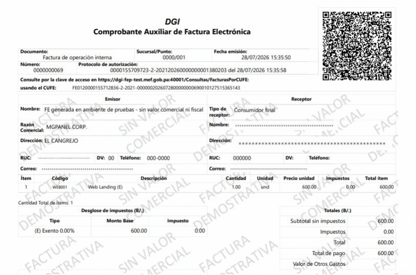 Así se ve una factura fiscal con CUFE y QR. Ejemplo de referencia visual, sin valor fiscal.