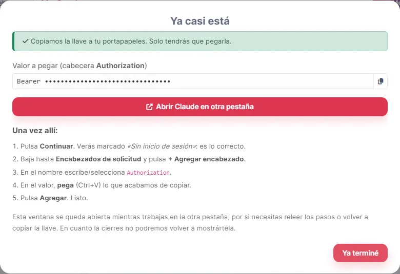 La llave ya está copiada: solo queda pegarla donde indican los pasos.
