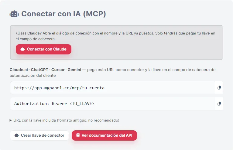 El botón vive en Configuración → API, dentro de la tarjeta «Conectar con IA (MCP)».